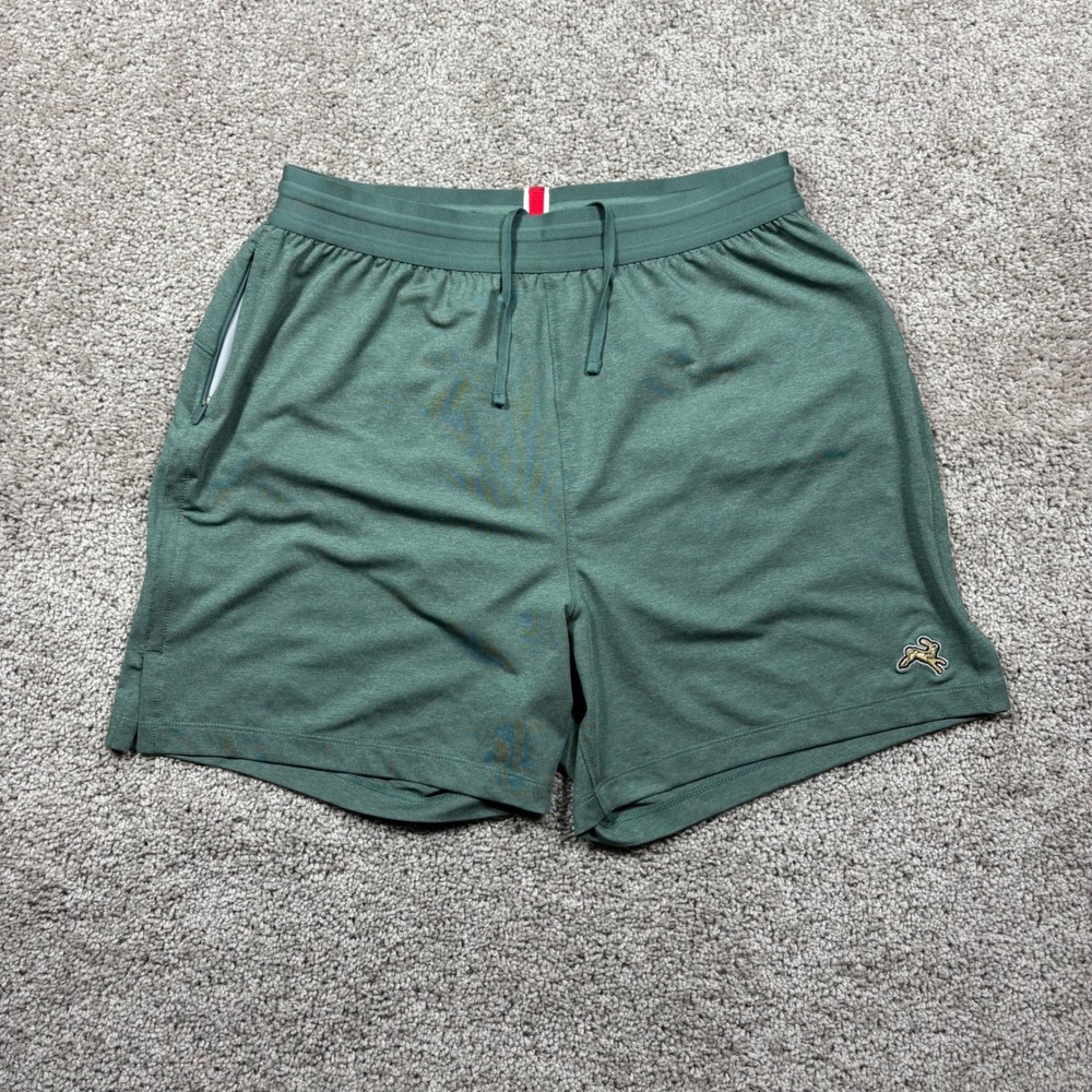 Tracksmith Mens Session Running Shorts Pine Green Gold Hare Logo Size Small